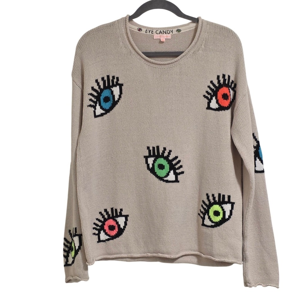 Lisa Todd Eyes On You Sweater Women's M Beige Knit Graphic Novelty Pullover
